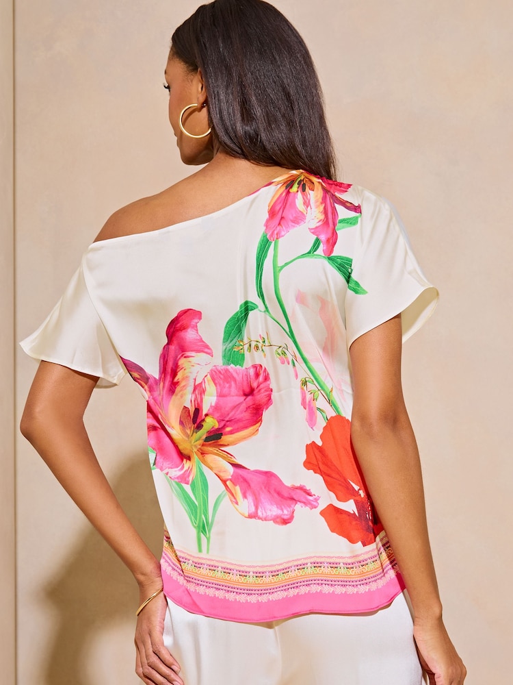 Lipsy Ivory White Printed Satin Slash Neck T-Shirt - Image 2 of 4