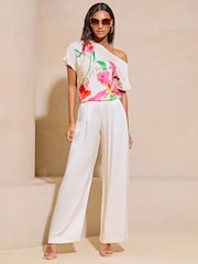 Lipsy Ivory White Printed Satin Slash Neck T-Shirt - Image 3 of 4