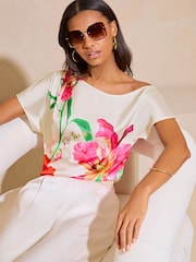 Lipsy Ivory White Printed Satin Slash Neck T-Shirt - Image 4 of 4
