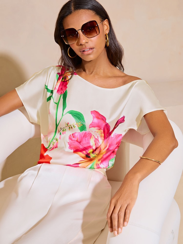 Lipsy Ivory White Printed Satin Slash Neck T-Shirt - Image 4 of 4