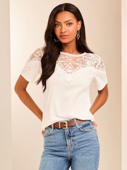 Lipsy White T-Shirt With Lace Yoke Detail - Image 1 of 4