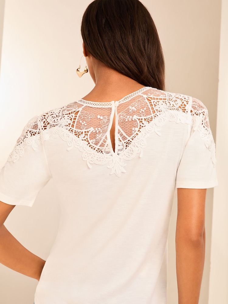 Lipsy White T-Shirt With Lace Yoke Detail - Image 4 of 4