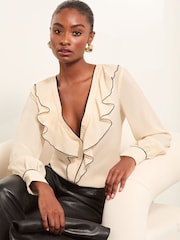 Lipsy Ivory White Tipped V Neck Ruffle Long Sleeve Blouse - Image 1 of 4
