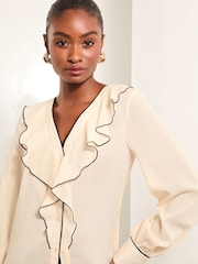 Lipsy Ivory White Tipped V Neck Ruffle Long Sleeve Blouse - Image 2 of 4