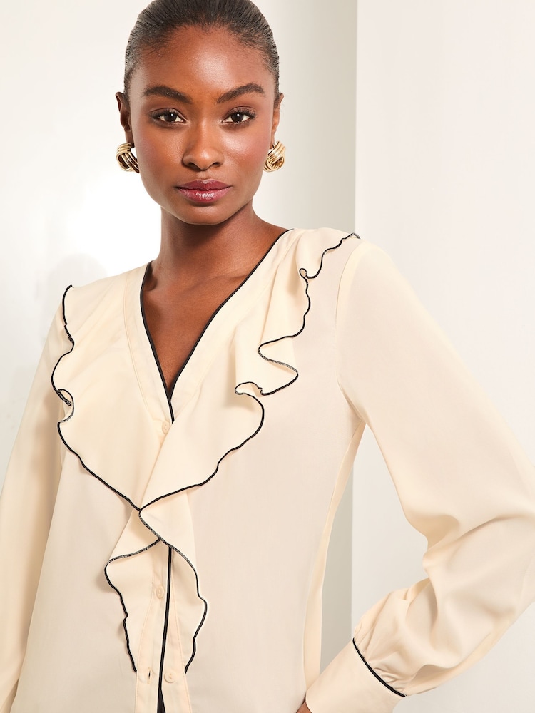 Lipsy Ivory White Tipped V Neck Ruffle Long Sleeve Blouse - Image 2 of 4