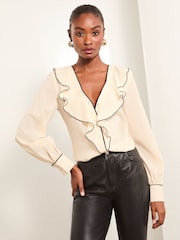 Lipsy Ivory White Tipped V Neck Ruffle Long Sleeve Blouse - Image 3 of 4