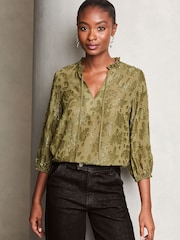 Lipsy Khaki Green 3/4 Sleeve Metallic Blouse - Image 1 of 4