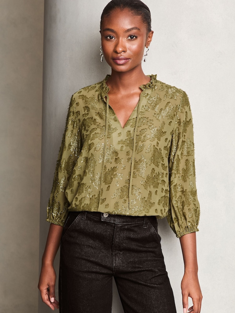 Lipsy Khaki Green 3/4 Sleeve Metallic Blouse - Image 1 of 4