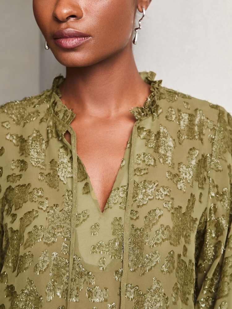 Lipsy Khaki Green 3/4 Sleeve Metallic Blouse - Image 2 of 4