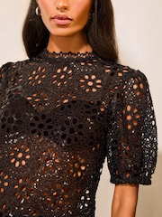 Lipsy Black Floral Crochet Sequin Top - Image 3 of 4