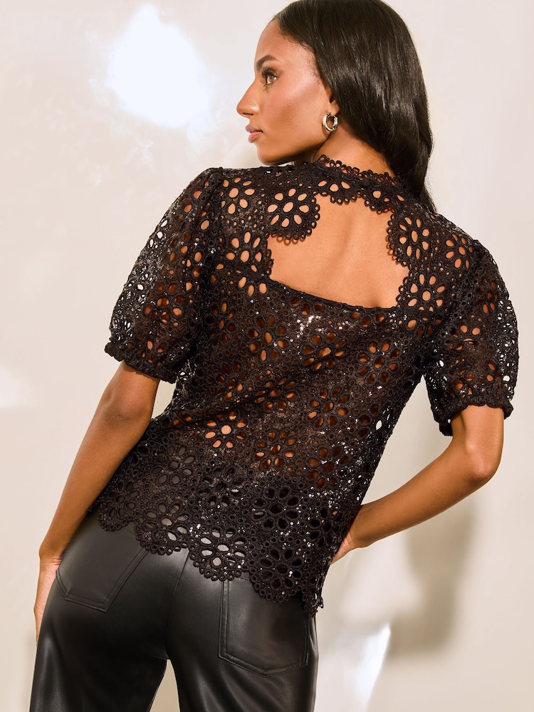 Lipsy Black Floral Crochet Sequin Top - Image 4 of 4