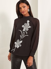 Lipsy Black High Neck Embellished Blouse - Image 1 of 4