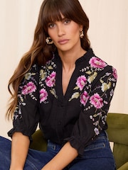 Love & Roses Black Floral Embroidered V Neck 3/4 Sleeve Blouse - Image 1 of 4