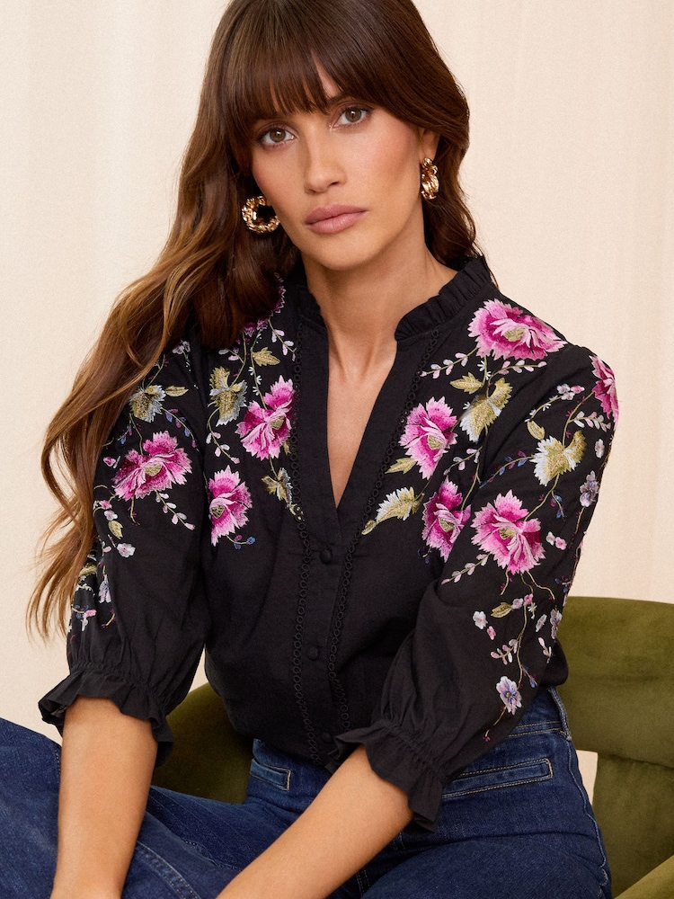 Love & Roses Black Floral Embroidered V Neck 3/4 Sleeve Blouse - Image 1 of 4