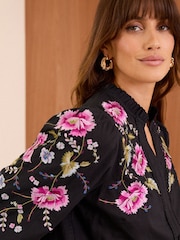 Love & Roses Black Floral Embroidered V Neck 3/4 Sleeve Blouse - Image 2 of 4