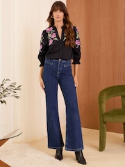 Love & Roses Black Floral Embroidered V Neck 3/4 Sleeve Blouse - Image 4 of 4