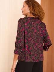 Love & Roses Brown Animal Satin Pintuck Crew Neck Button Detail Long Sleeve Blouse - Image 4 of 4