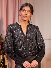 Love & Roses Black Ombre Petite Sequin V Neck Long Sleeve Blouse - Image 1 of 4