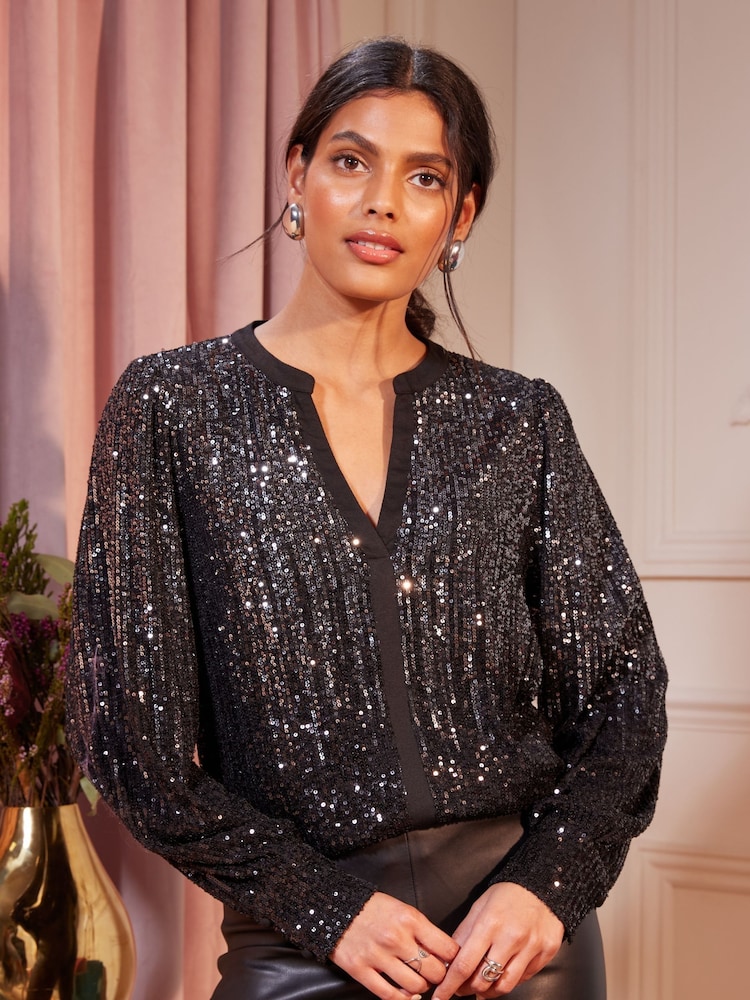 Love & Roses Black Ombre Petite Sequin V Neck Long Sleeve Blouse - Image 1 of 4