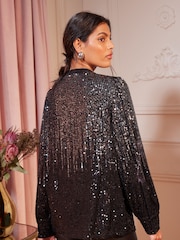 Love & Roses Black Ombre Petite Sequin V Neck Long Sleeve Blouse - Image 3 of 4