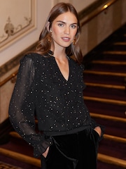 Love & Roses Black Glitter Petite Capelet Long Sleeve Blouse - Image 1 of 4
