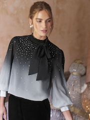 Love & Roses Grey Hotfix Pussy Bow Blouse - Image 1 of 4