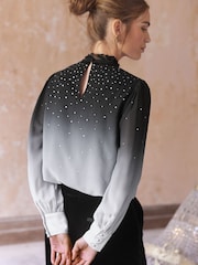 Love & Roses Grey Hotfix Pussy Bow Blouse - Image 2 of 4