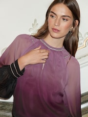 Love & Roses Pink Ombre Petite Printed Crystal Trim Crew Neck Poet Sleeve Blouse - Image 2 of 4