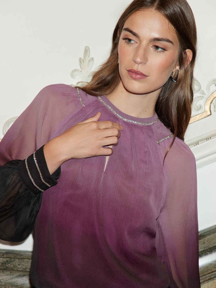 Love & Roses Pink Ombre Petite Printed Crystal Trim Crew Neck Poet Sleeve Blouse - Image 2 of 4