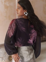 Love & Roses Red Printed Feather Crew Neck Fluted Sleeve Blouse - Image 3 of 4