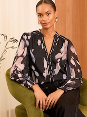 Love & Roses Black Feather V Neck Hardware Blouse - Image 1 of 4