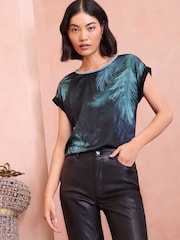 Love & Roses Black Feather Print Petite Satin Front Embellished Neck Jersey Blouse - Image 1 of 4