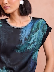 Love & Roses Black Feather Print Petite Satin Front Embellished Neck Jersey Blouse - Image 2 of 4