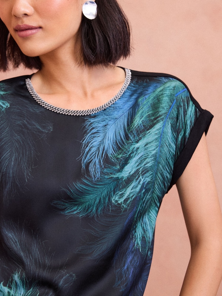 Love & Roses Black Feather Print Petite Satin Front Embellished Neck Jersey Blouse - Image 2 of 4