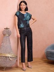 Love & Roses Black Feather Print Petite Satin Front Embellished Neck Jersey Blouse - Image 3 of 4