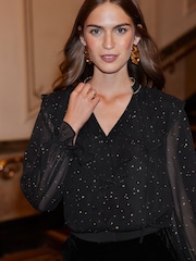 Love & Roses Black Glitter Capelet Long Sleeve Blouse - Image 2 of 4