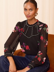 Love & Roses Black Floral Stud Trim Detail Crew Neck Long Sleeve Blouse - Image 1 of 4