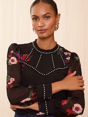 Love & Roses Black Floral Stud Trim Detail Crew Neck Long Sleeve Blouse - Image 2 of 4