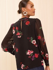 Love & Roses Black Floral Stud Trim Detail Crew Neck Long Sleeve Blouse - Image 3 of 4