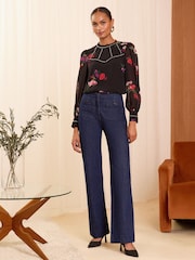 Love & Roses Black Floral Stud Trim Detail Crew Neck Long Sleeve Blouse - Image 4 of 4