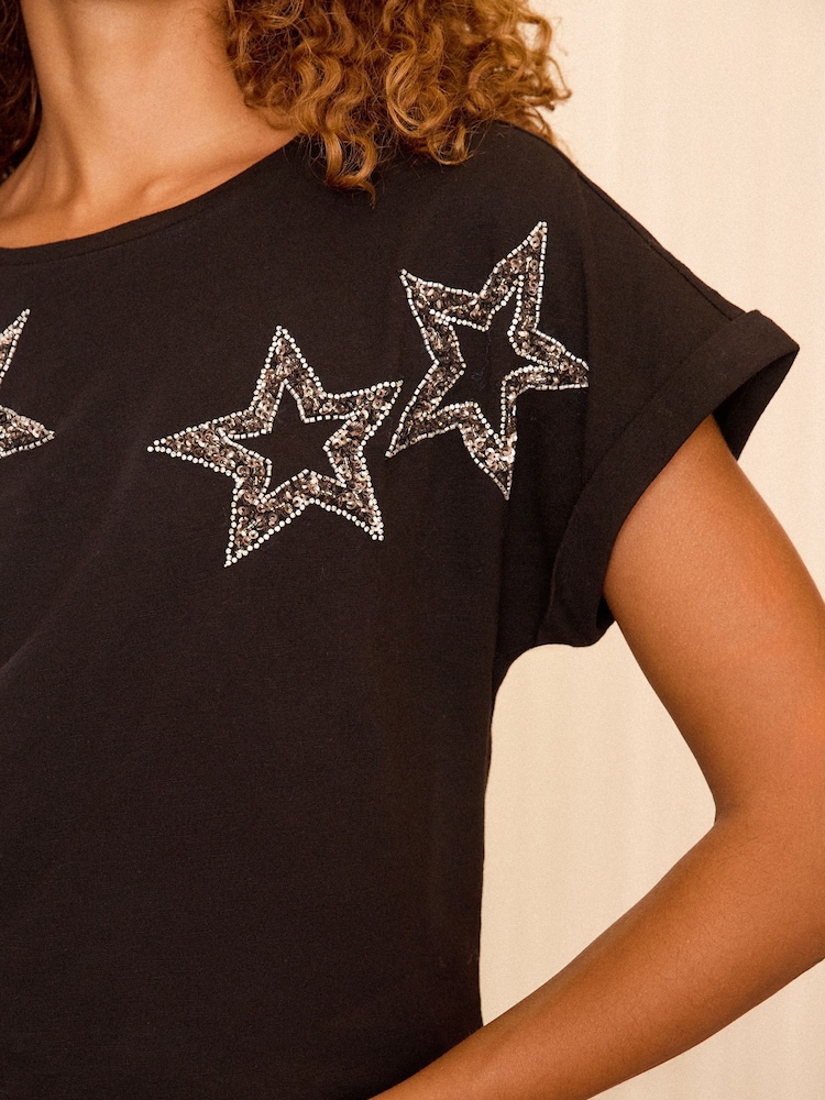 Love & Roses Black Star Embellished Roll Sleeve T-Shirt - Image 2 of 4 Love & Roses Black Star Embellished Roll Sleeve T-Shirt - Image 2 of 4
