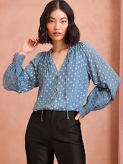 Love & Roses Blue Metallic V Neck Metallic Lace Cuff Long Sleeve Blouse - Image 1 of 4