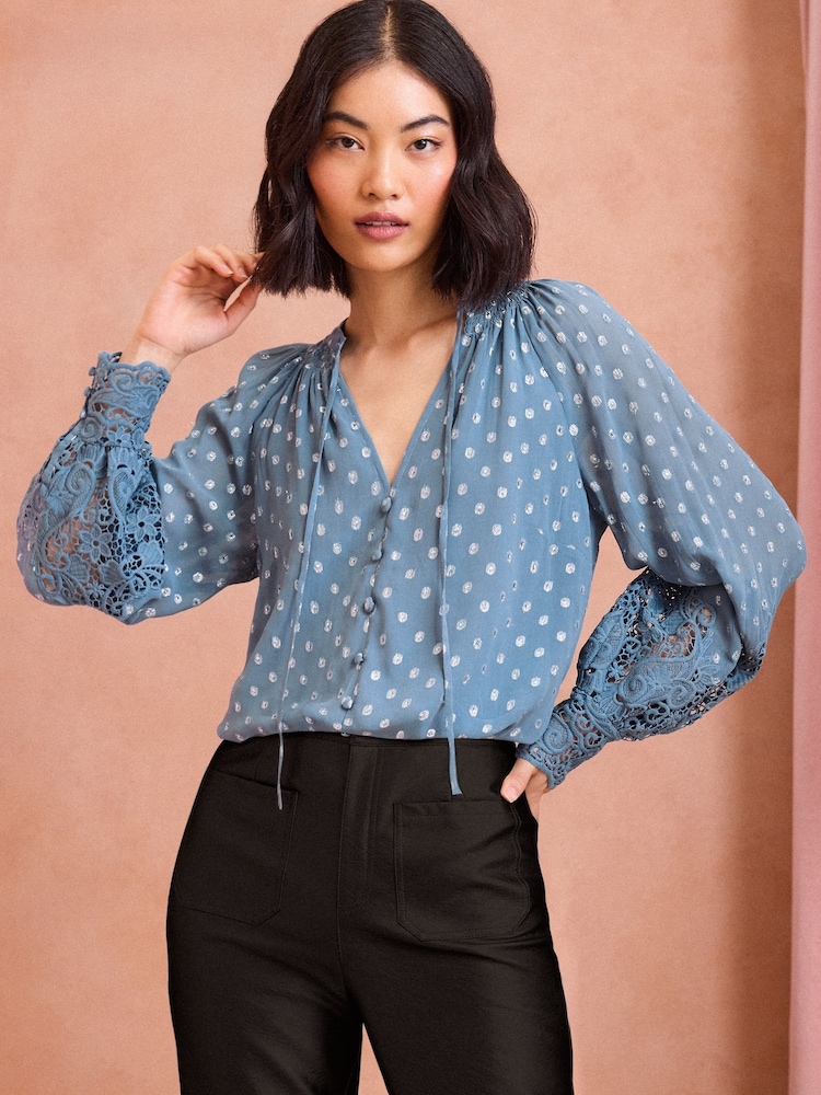 Love & Roses Blue Metallic V Neck Metallic Lace Cuff Long Sleeve Blouse - Image 1 of 4