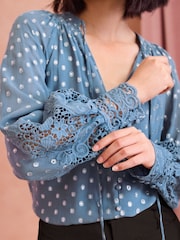 Love & Roses Blue Metallic V Neck Metallic Lace Cuff Long Sleeve Blouse - Image 2 of 4