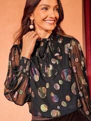 Love & Roses Green Metallic Pintuck Pussybow Blouse - Image 1 of 4