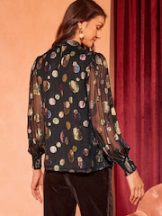 Love & Roses Green Metallic Pintuck Pussybow Blouse - Image 4 of 4
