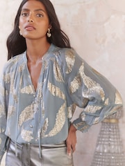 Love & Roses Grey Feather Metallic Shirred Cuff Blouse - Image 1 of 4