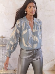 Love & Roses Grey Feather Metallic Shirred Cuff Blouse - Image 2 of 4