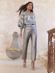 Love & Roses Grey Feather Metallic Shirred Cuff Blouse - Image 3 of 4
