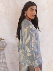 Love & Roses Grey Feather Metallic Shirred Cuff Blouse - Image 4 of 4